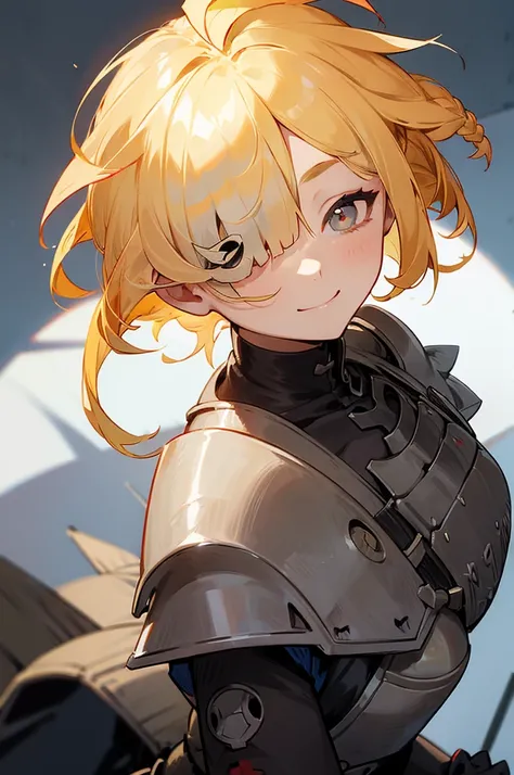 、smile, face palm, blonde　((((((hair over one eye)))))), Braid Styles, spiked hair, blunt bangs, bob hair, a braid, Ahoge　red eyes, , From above, From the side, armored dress, off shoulder
