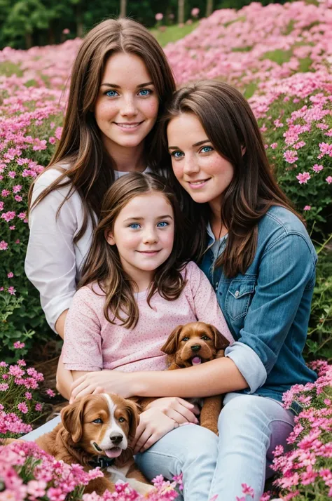 girl with brown hair blue eyes and freckles sitting in a bed of pink flowers with her Bernie’s Mountain dog 