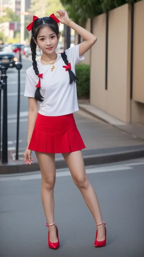 1 a thai cute teen about 25 year old,white 
shirt, uniform university of thailand,mini black short skirt,mini earrings,mini gold necklace,she wearing red high heels,she dancing,a pigtails,big white ribbon on her hair.she had no make up on her face,she had ...