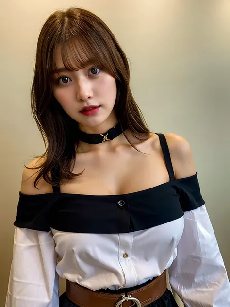 best quality, ultra high res, (photorealistic:1.4), 1girl, oversized and loose off-shoulder white shirt, black skirt, cowboy shot, black choker, (brown hair:1), (huge breasts:1.2), looking at viewer, closeup