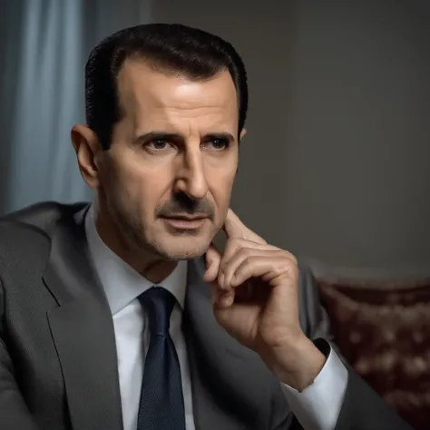 4k, 8k, masterpiece, highly detailed portrait of Bashar al-Assad (President of Syria) sitting and grooming his beard, hyper realistic, photorealistic, sharp focus, studio lighting, ultra-fine details, vivid colors, elegant, authoritative, serious expressio...