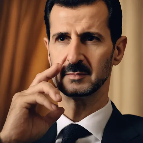 4k, 8k, masterpiece, highly detailed portrait of Bashar al-Assad (President of Syria) sitting and grooming his beard, hyper realistic, photorealistic, sharp focus, studio lighting, ultra-fine details, vivid colors, elegant, authoritative, serious expressio...