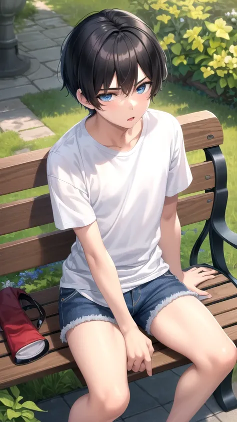 masterpiece, best quality, high quality, 1boy, solo, 14-year-old boy,evil boy,male focus, looking at viewer , black hair, old-school swoop haircut,white shirt with short sleeves,blue jean shorts,blue eyes, sitting on a bench 