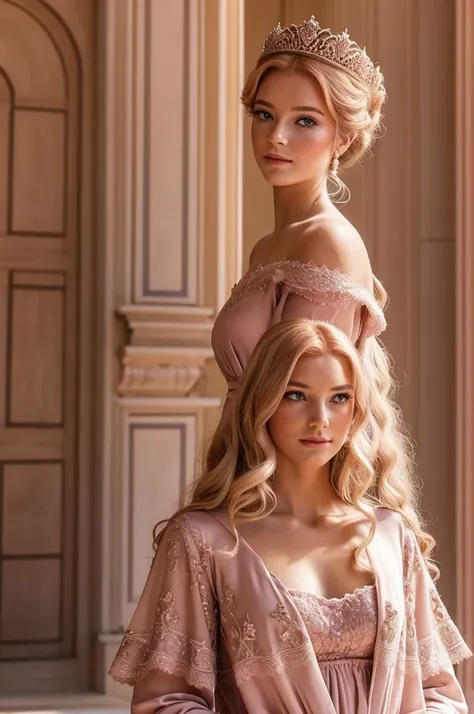 Fait une princesse de couleur de peau marron en robe rose à paillettes âgé de 18 avec un prince blond de couleur de peau blanche en tenue royal noire âgé de 18 aussi devant un grand château 