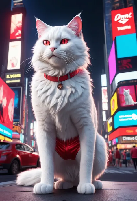 muscular white cat wearing red shorts, time square, neon lights, detailed fur, photorealistic, 4k, highly detailed, ultra-realistic, dynamic pose, street scene, cityscape, bright neon lights, vibrant colors, dramatic lighting