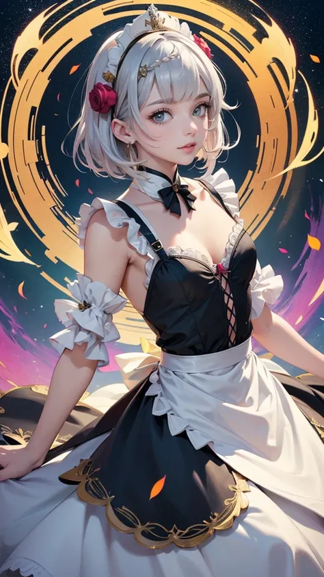 noelle_(genshin impact), roses, ornament hair, silver hair, short hair, maid, dress, maid apron, maid headdress, sky, rainbow colors in the aurora boreal, night, 1girl, dress, solo, flowing hair, floating hair, ornament hair, perfectly body, perfectly hand...