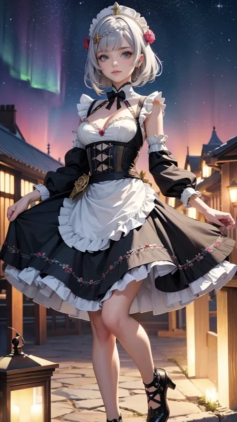 noelle_(genshin impact), roses, ornament hair, silver hair, short hair, maid, dress, maid apron, maid headdress, sky, rainbow colors in the aurora boreal, night, 1girl, dress, solo, flowing hair, floating hair, ornament hair, perfectly body, perfectly hand...