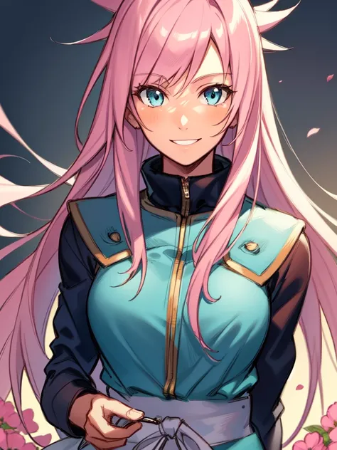 ((spiked hair)), ((long hair)), ((light pink hair)), ((light blue eyes)), ((cheerful expression)), (shinobi clothing)), ((light skin)), ((flowers)), ((complementary colors)), ((mature female)), 1girl, beautifully drawn, high resolution illustration, best q...