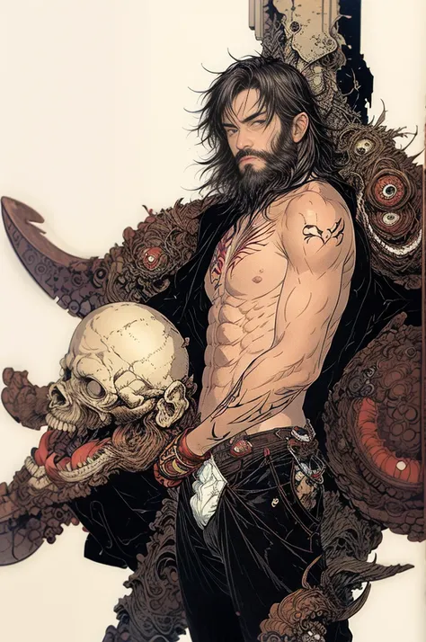 best quality,masterpiece,Ultra-high resolution,1 person,looking at the audience,one,Yamamoto Takashi style,
simple background,White_background,Machinery Division，Exoskeleton，Cold-blooded bearded man，toughboy style, Shirtless, muscle, tattoo