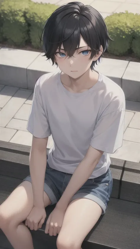 masterpiece, best quality, high quality, 1boy, solo, 14-year-old boy,evil boy,male focus, looking at viewer , black hair, old-school swoop haircut,white shirt with short sleeves,blue jean shorts,blue eyes, sitting on a bench 