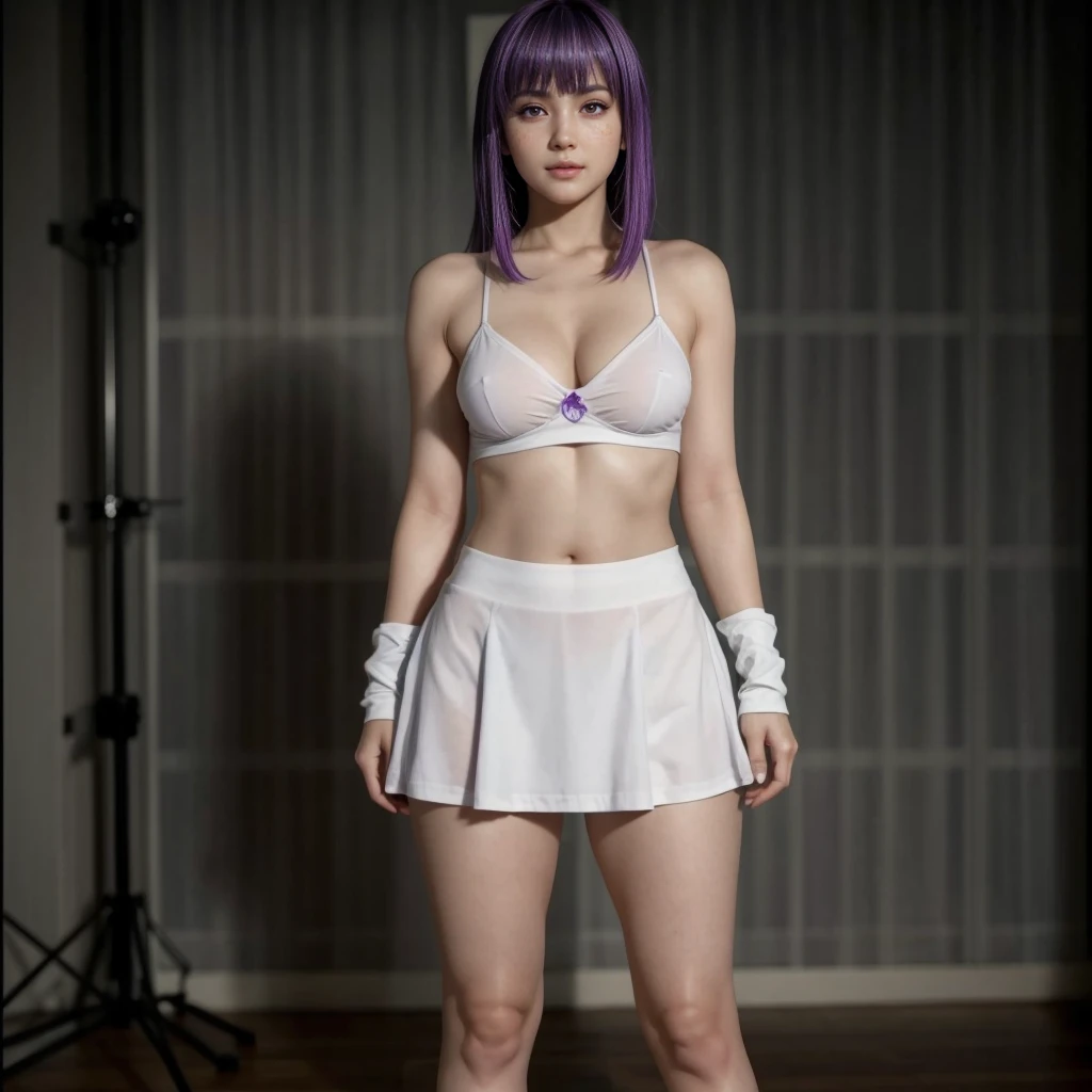 Ayane, cabelo roxo, (melhor qualidade, ultra-detalhado), (realista:1.37), rosto lindo e detalhado, ultra-realista texture, rosto delicado, corpo delicado, batom vermelho, cores brilhantes. High definition, 8K, pernas bem definidas