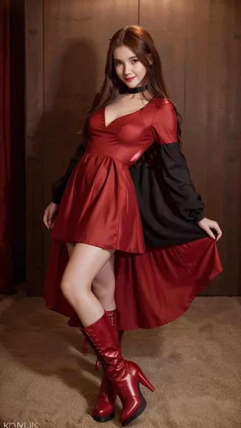 Long dark brown hair, smiling slightly, beautiful visuals, red nails, cute, kpop member, beautiful, red kpop idol dress with blacked heeled boots, red head accessories, fluffy dress, badass dress, kpop idol makeup, red dress, red dress, posing beautifully,...