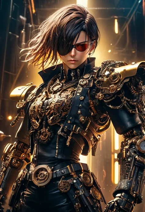 a cyberpunk pirate robot, (Single eye patch:1.3), highly detailed mechanical body, intricate metal armor, leather outfit, steampunk accessories, dramatic lighting, moody dark background, hyper detailed, 8k, photorealistic, cinematic, dramatic lighting, dyn...