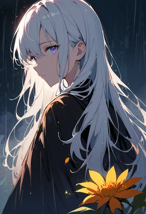 1 Girl,Solitary,1 Girl,Solitary,((Beautiful and delicate eyes)), (Detailed lighting),Depth of Field,(White hair),Silver Eyes,Hair covering one eye,(safflower ), Flowering,Long hair,Black cape,wet,callous,look back,night,Starfall,rain,FOG,safflowers falling...