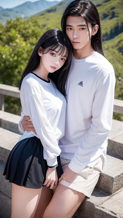 lovers
1 young handsome man aged 25 years wearing a school uniform
1 beautiful young woman, 17 years old, black hair, wearing a long-sleeved white t-shirt, wearing tight white shorts
place in the mountains