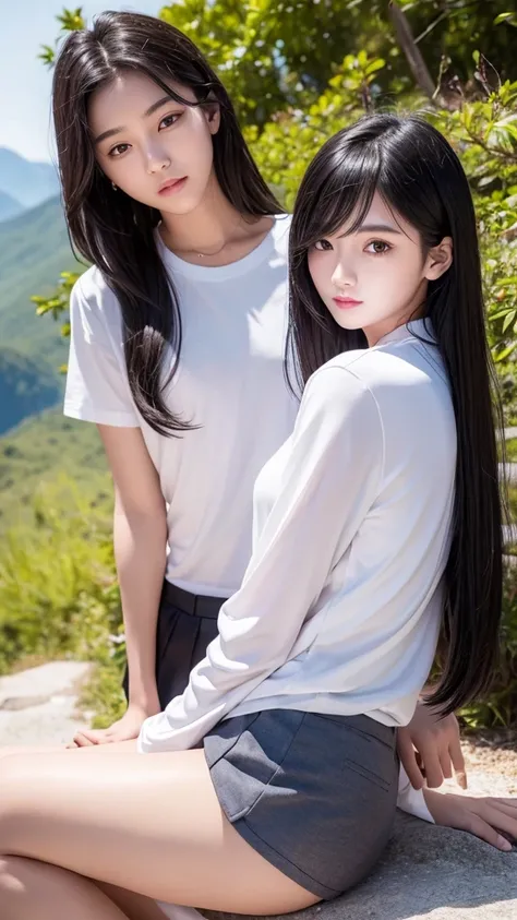 lovers
1 young handsome man aged 25 years wearing a school uniform
1 beautiful young woman, 17 years old, black hair, wearing a long-sleeved white t-shirt, wearing tight white shorts
place in the mountains