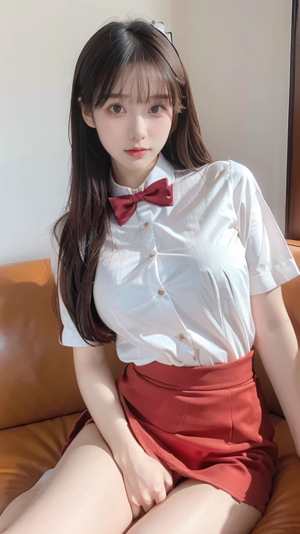 Arabian style Asian woman wearing a white shirt and red bow tie sitting on a sofa, Cute school girl, hyperRealistic , a hyperRealistic , High school girl posing, Thigh close-up, Realistic , wearing Japanese , Japanese girl , Japanese , Legs close-up, lower...