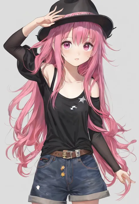 A girl waving her hand, masterpiece, detailed, perfect anatomy, perfect fingers, 1girl, loli, long hair, pink hair, messy hair, ahoge, pink eyes, bright eyes, lazy eye, black t-shirt, oversized clothes, off shoulder, short sleeves, collar bone, expressionl...