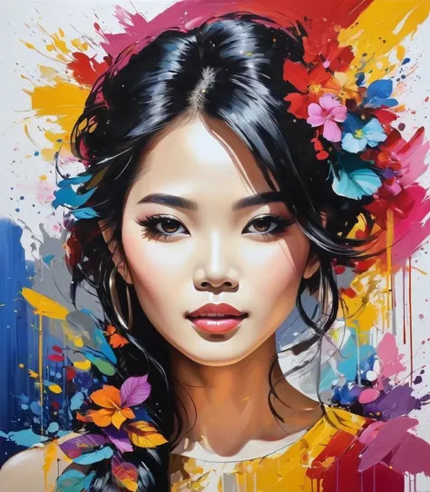 Grayon art，Thai artist Thawan Duchanee uses colorful brush strokes to create a portrait of a young woman&#39;s face.