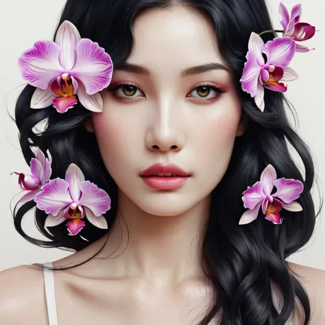 modern minimalist art，,this woman has a pretty face，black long hair，（orchid tattoo on the neck：1.3），flowing hair illustration，fa...