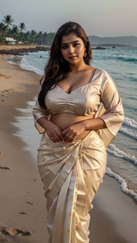 A beautiful girls smooth face full body plus size 4.5 and wearing  blouse saree picture quality 8k 16k picture lighting LED, breast size large, location beach 