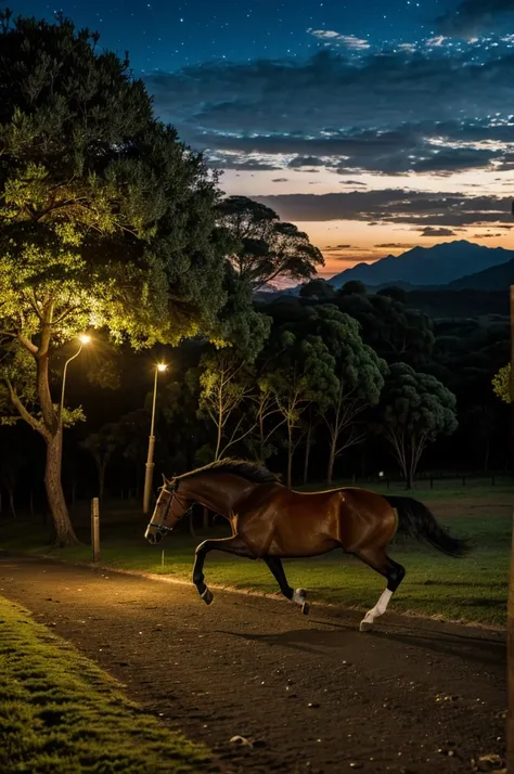 Caballo corriendo en una sabana en una noche de luna Clara
