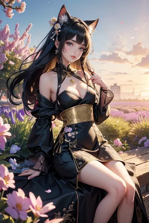 1girl, outside, garden, lavender, flowers, cat ears, animal ears, black hair, long hair, dress, black dress, ornament hair, hair stick, chinesse style, geisha make up, 1girl, dress, solo, flowing hair, floating hair, ornament hair, perfectly body, perfectl...