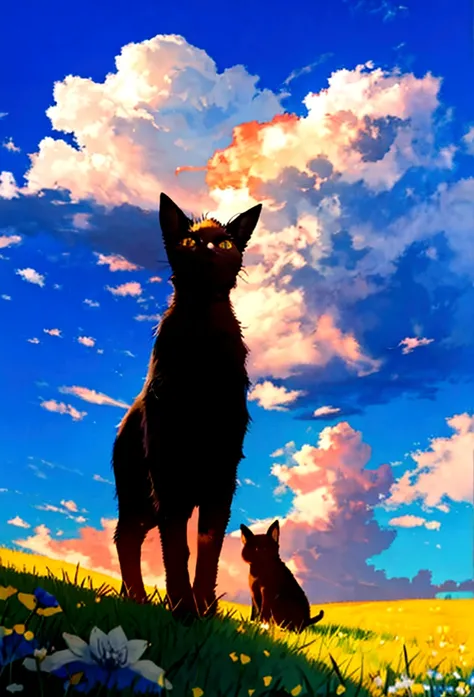 A black cat and a white baby goat are playing,grassland,Summer sky,blue sky,cumulonimbus,Close-up