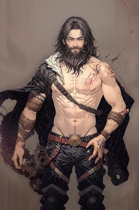 best quality,masterpiece,Ultra-high resolution,1 person,looking at the audience,one,Yamamoto Takashi style,
simple background,White_background,Machinery Division，Exoskeleton，Cold-blooded bearded man，toughboy style, Shirtless,trousers, muscle, tattoo