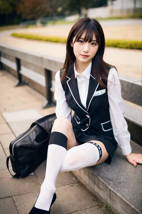 (​masterpiece:1.3), (8K, Photorealsitic, Raw photography, Top image quality: 1.4), Classy elite girl sitting on a park bench, Phenomenally cute face、wearing japanese , Wear ultra-realistic pantyhose、japanese girl , Japan , wearing headmistress uniform, Whi...