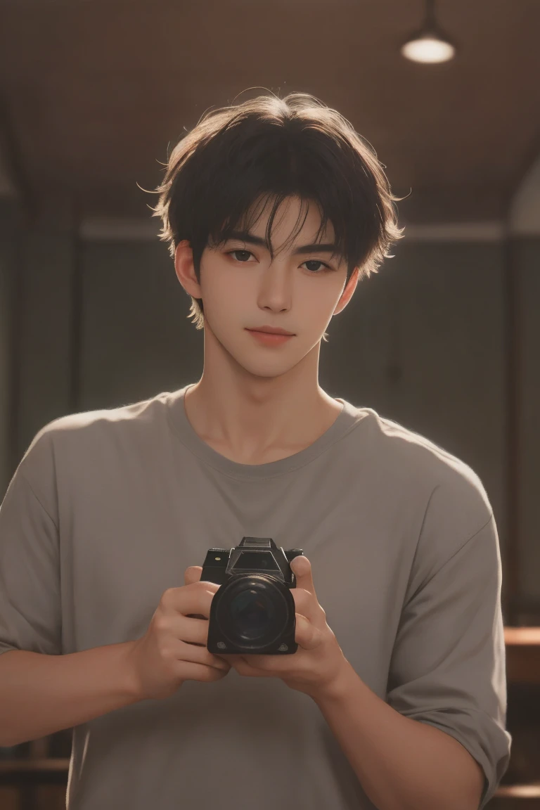 Handsome man portrait, Shoot with Leica, shadow play, Gorgeous lighting, Subtle pastel tones, indoor，Wearing a gray shirt，Holding coffee，Looking at the audience，deep feeling