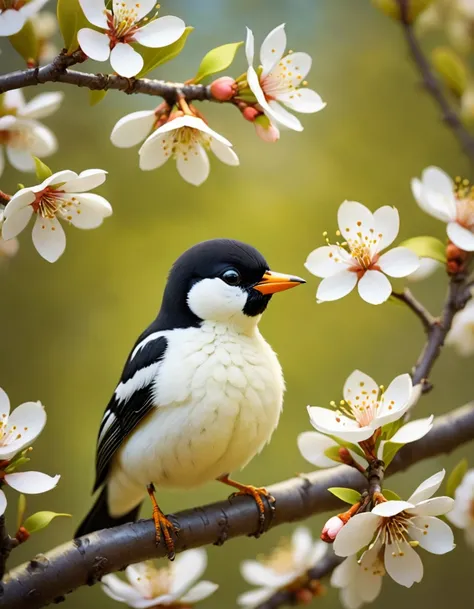 White pear blossoms, oriole bird,Nice felt creation,Very obvious sponge texture, superb lighting, volumetrics, Jon Klassen, Ghibli Studio, Tilt - shift, in focus, 80mm lens, Large aperture, smooth, vibrant colors, high contrast, high saturation, high resol...