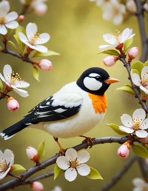 White pear blossoms, oriole bird,Nice felt creation,Very obvious sponge texture, superb lighting, volumetrics, Jon Klassen, Ghibli Studio, Tilt - shift, in focus, 80mm lens, Large aperture, smooth, vibrant colors, high contrast, high saturation, high resol...