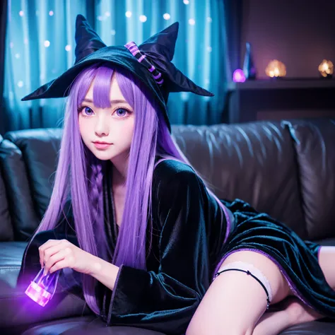 anime girl long purple hair wearing a black Robe. she has pointy ears. Witch Hat. Manga kawaii. iridescent ,An illustration, Sit on the sofa, (no background)