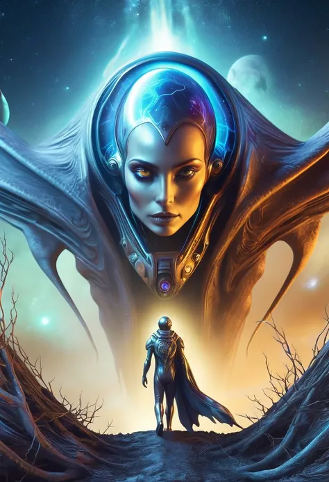 A high-quality professional illustration of [Danligur], and Eva emerging from the fallen alien in a surreal style.