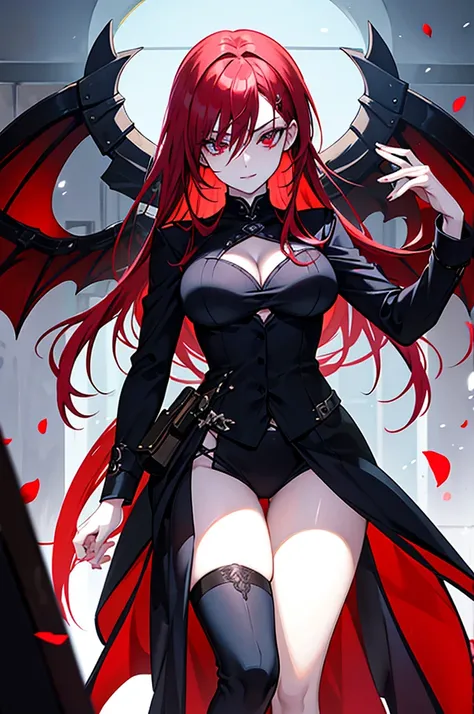 This character is a woman with an imposing and captivating appearance. She has long, flamboyant red hair that falls elegantly over her shoulders and down her back. His eyes are an intense red, adding an aura of mystery and danger. She has a pale complexion...