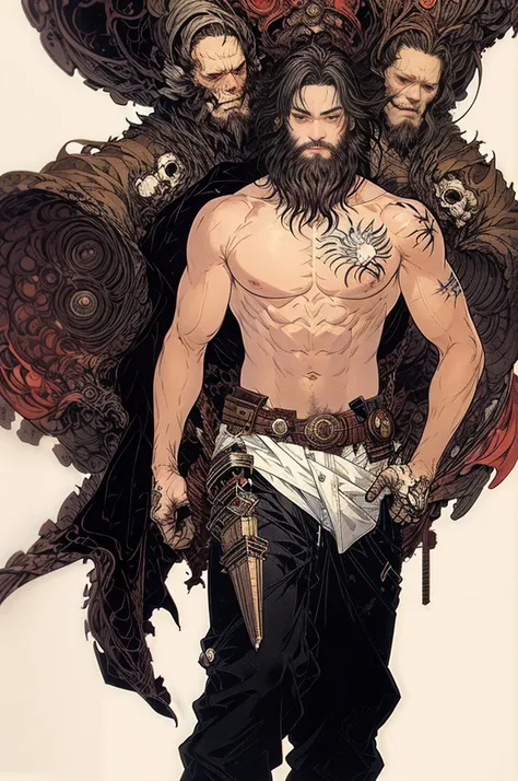 best quality,masterpiece,Ultra-high resolution,1 person,looking at the audience,one,Yamamoto Takashi style,
simple background,White_background,Machinery Division，Exoskeleton，Cold-blooded bearded man，toughboy style, Shirtless,trousers, muscle, tattoo