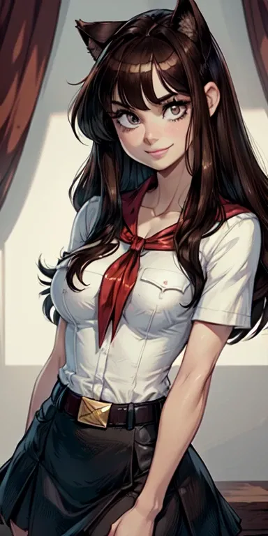 (young girl:1.4), very young slim fit girl, at full height, rounded face, snub nose, (very long disheveled dark brown hair:1.4), big brown eyes, shy smile, (perfect flat breast:1.3), band on head with fake cat ears, parororo, pioneer neckerchief, blue thig...