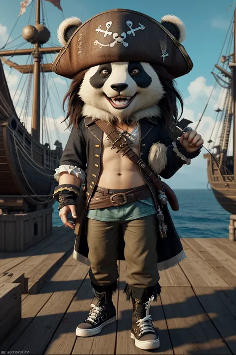 anthropomorphic cute panda, charming smiling Jack Sparrow, wearing Chuck Taylor sneakers, and an eye patch , pirate hat, 3d cartoon character, pirate ship background,
fantasy concept art, in style Greg Rutkowski, unreal engine, depth of field,
ultra high q...