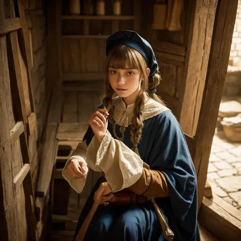 Medieval portrait, Medieval clothing and hairstyles, A touch reminiscent of Vermeer&#39;s paintings, Cut vegetables, One maid, Her hair is covered with a white hood, Profile of a man working seriously, Natural light through the window, A slightly dimly lit...