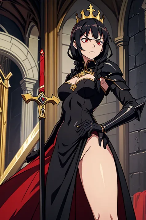 1girl, 20 years old, very thin body, veri light abs, black hair, one long braid, red eyes, left blinde eye, black amor, armored dress, golden crown of thorns, using a heavy sword, in a gothic church, angry,