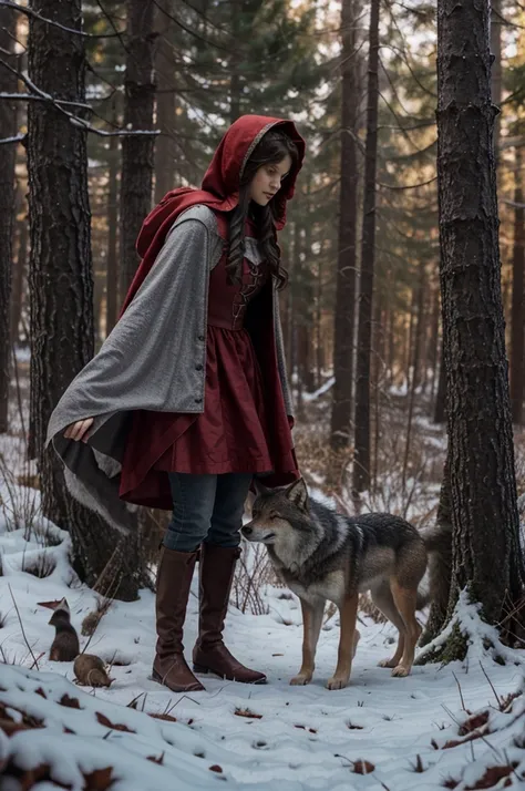 Depict an episode from a fairy tale about the meeting of Little Red Riding Hood and the Gray Wolf.