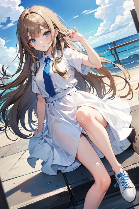 light and dull brown hair , exuberant hair , shot , side hair long , Reverse hime cut , sodomy ~ blue eyes , round eyes , white dress shirt , blue tie , blue skirt , bare legs , Black sneakers