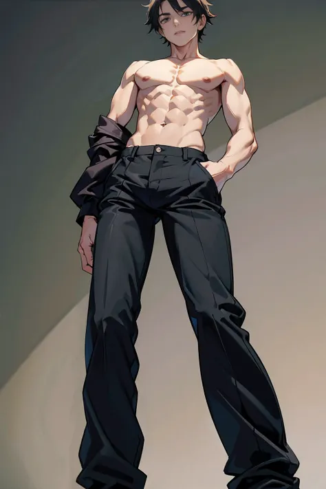 (corpo todo)(Photo angle from bottom to top) Garoto de anime, 13 anos, rosto fofo, solid body, wearing baggy black pants, standing, Hands in pockets, topless, sem camisa  , suor abundante escorrendo