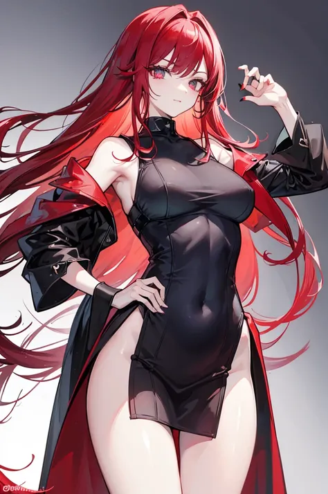 This character is a woman with an imposing and captivating appearance. She has long, flamboyant red hair that falls elegantly over her shoulders and down her back. His eyes are an intense red, adding an aura of mystery and danger. She has a pale complexion...