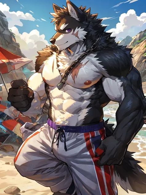 embedding:black wolf, male,purple eyes,Scar on the face, scar on the body,Single Person,A swimsuit,Beach Pants，Mature, The highest quality of scene detail,adult,Tall and powerful,muscle，Best quality hands, best quality eye，detailed fur，Delicate eyes.Extrem...