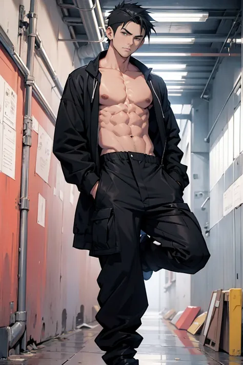 (corpo todo)(Photo angle from bottom to top) Garoto de anime, 13 anos, rosto fofo, solid body, wearing baggy black pants, standing, Hands in pockets, topless, sem camisa  , suor abundante escorrendo