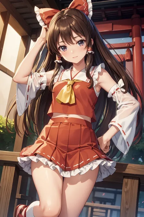 reimu hakurei, (Brown eyes:1.5), Brown Hair, bow, hair bow, Hair Tube, Long Hair, red bow, Side Lock,
Blake Ascot, Bare shoulders,Removable sleeves, embellished costume, Frills, kimono, Non-traditional Shrine Maiden, Red Skirt, Sandals, sarashi, mini skirt...