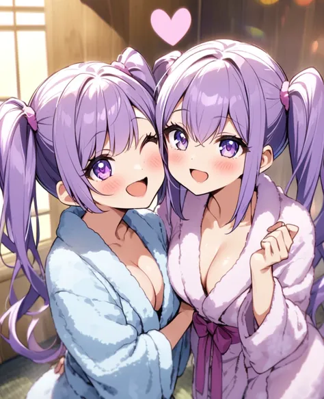 Purple Hair、Twin tails、Heart Eyes、Heart Eye、smile、Bathrobes、Cleavage