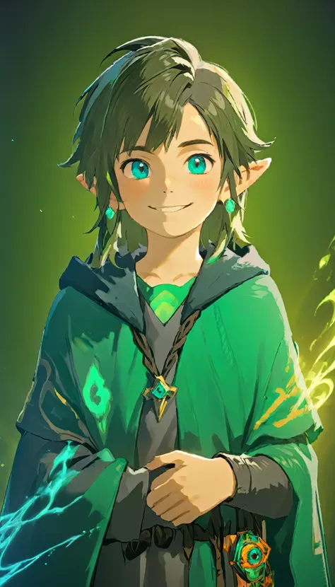 a 15 year old boy smiling with crossed arms, wearing a sorcerer's cloak, green background, looking straight ahead, detailed face...